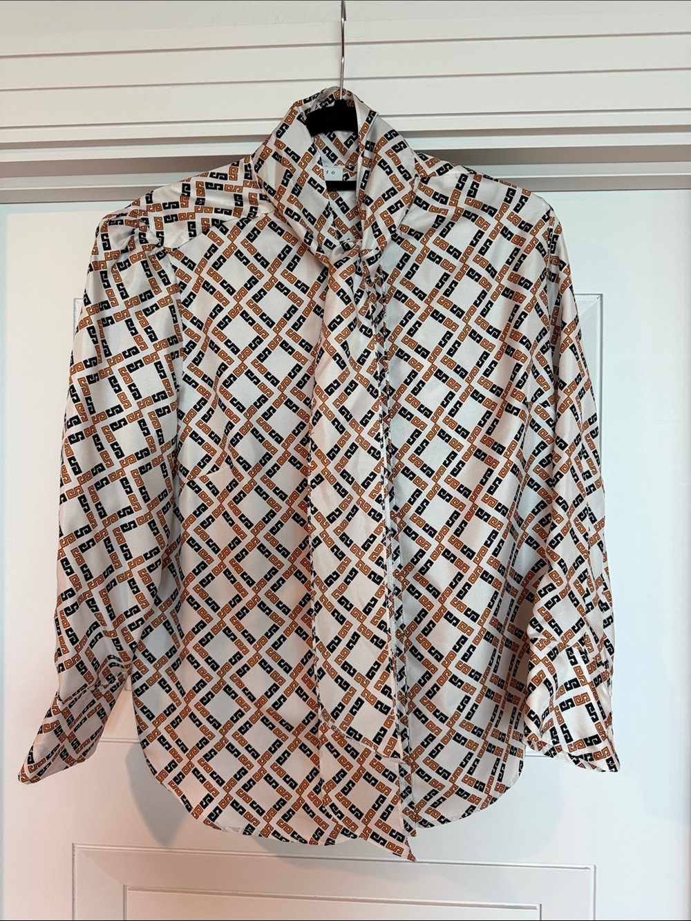 Tie-Neck Geometric Print Blouse in White, Black & Brown